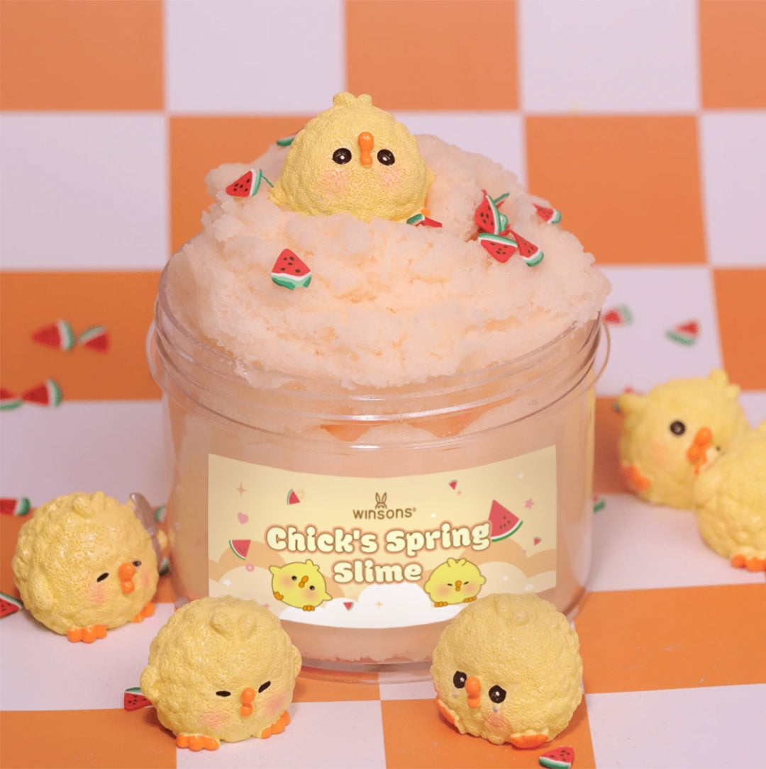 Limited edition peach butter slime | Fluffy cloud-like texture | Adorable chick and watermelon or mushroom decorations | Sweet scented stress relief slime | Perfect for shaping, stretching, and sensory play | 8oz slime for long-lasting fun