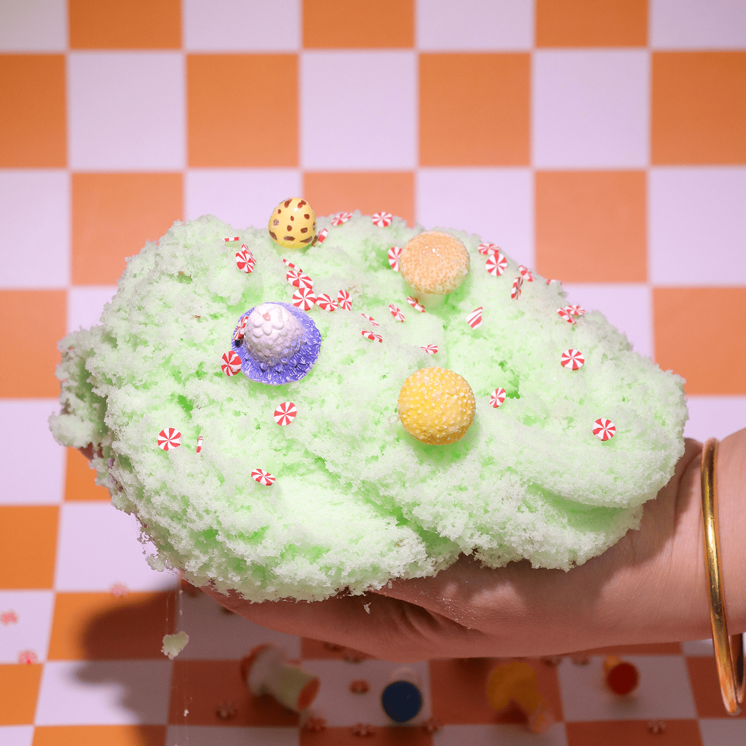 Limited edition peach butter slime | Fluffy cloud-like texture | Adorable chick and watermelon or mushroom decorations | Sweet scented stress relief slime | Perfect for shaping, stretching, and sensory play | 8oz slime for long-lasting fun