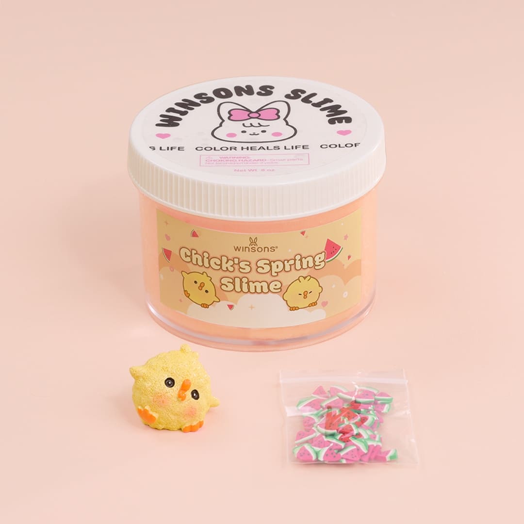 Limited edition peach butter slime | Fluffy cloud-like texture | Adorable chick and watermelon or mushroom decorations | Sweet scented stress relief slime | Perfect for shaping, stretching, and sensory play | 8oz slime for long-lasting fun