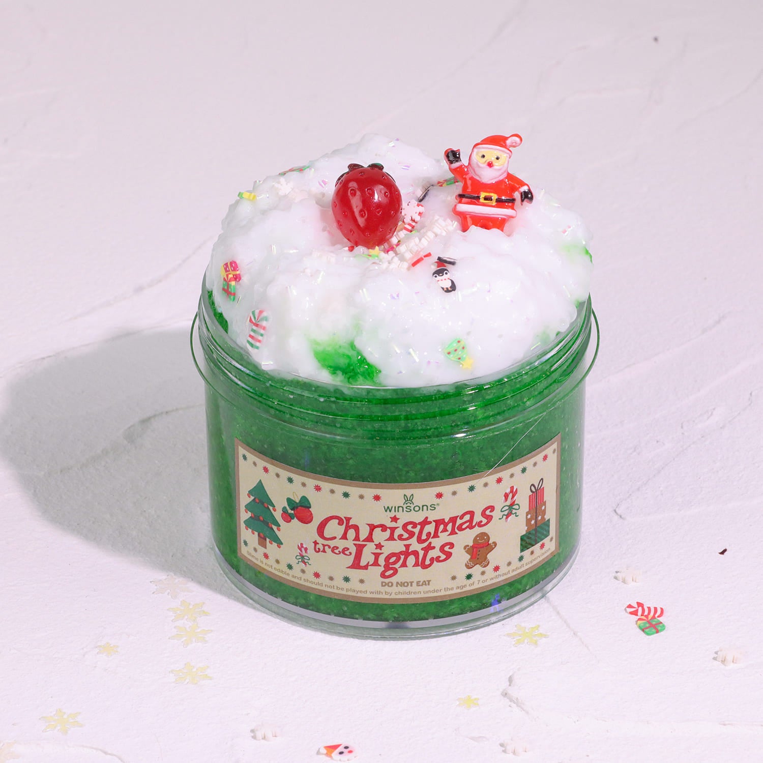 Christmas Strawberry Cake Slime ｜ Clear green slime with creamy white butter clay ｜ Holiday slime ｜ Mini Santa, strawberry slices, candy cane, mitten, and Christmas tree charms ｜ Sensory play ｜ DIY holiday crafts ｜ Stress relief slime | Holiday slime PNG