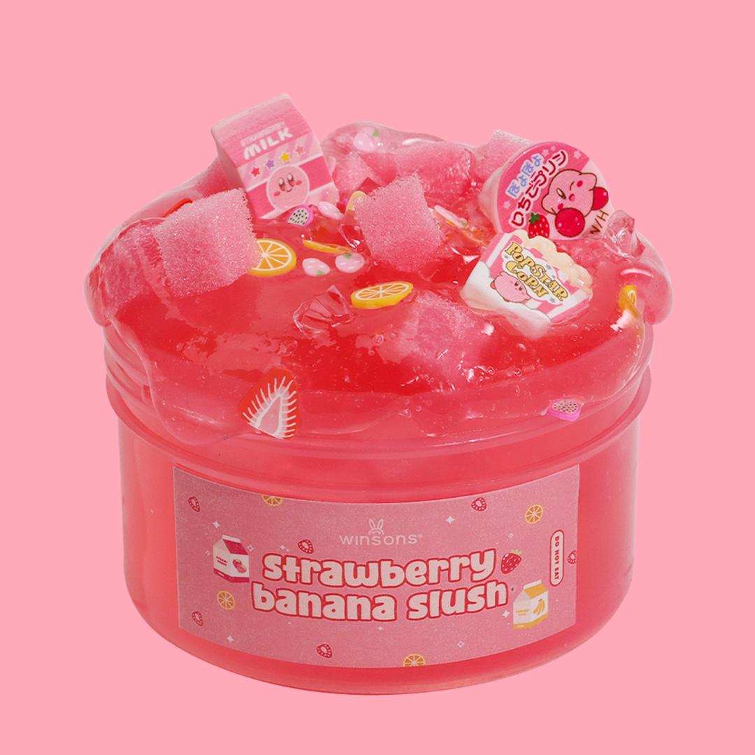 Strawberry Banana Slush Slime Kit ｜ Glossy Slime Kit ｜ Semi-Jelly Slime with Strawberry & Lemon Slices ｜ Kirby-Inspired Milk Charms ｜ Sponge Cubes & Jelly ｜ Matcha Powder Accents ｜ Light Cake Scent ｜ 8 oz Slime | afternoon tea slime |  slime png